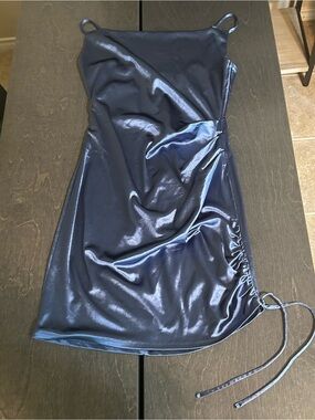 Emerald Sundae Metallic Navy Ruched Slip Mini Dress